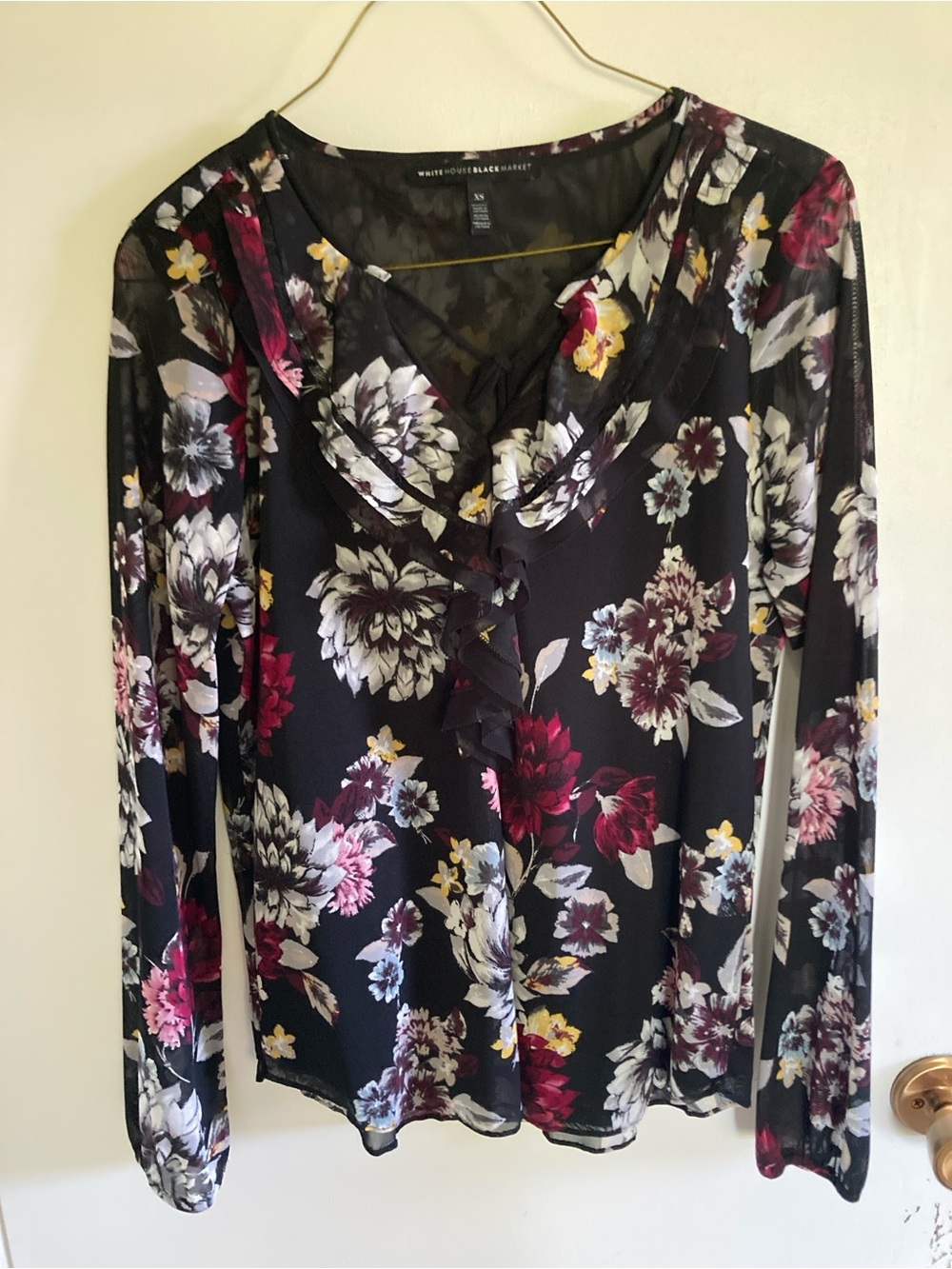 White House Black Market Black Floral Ruffle Long-Sleeve Blouse